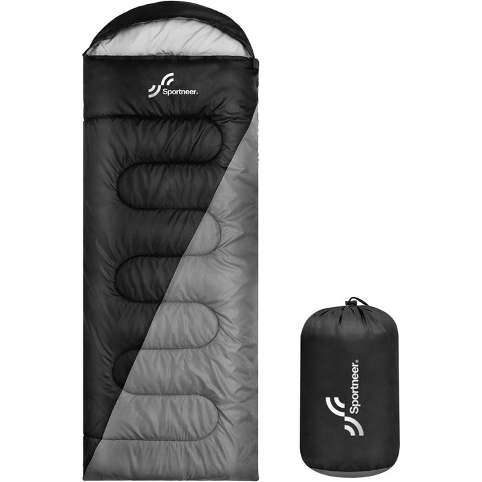 Сплячий мішок Outdoor Sportneer для дорослих та дітей - легкий спальний мішок для кемпінгу, походів та рюкзакових подорожей 220x75 см, чорний+сірий