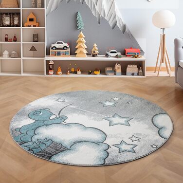 Дитячий килим круглий Elefant, короткий ворс, 120 см, блакитно-сірий. Килим в дитячу кімнату для дівчаток та хлопчиків, м'який, антиалергенний
