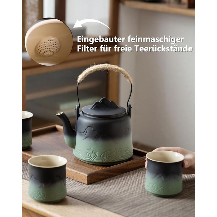 ZENS Design Japanese Teapot, 1000ml Gradient Embossed Japanese Teapot Ceramic with Built-in Strainer and Hemp Rope Handle for Loose Tea Steeper, Gift for Tea Lovers, Black & Bean Green (Black & Bean Green, 1000ml Teapot & 4 of 200ml Cups)
