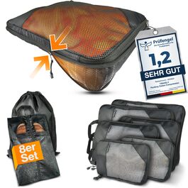 Набір органайзерів для подорожей TRAVELY: 8 шт. (включно з чохлом для взуття та мішком для білизни) - куби для пакування з компресією. Організація валізи або рюкзака. Чохли для подорожей, мішки для пакування, компресійні мішки. Чорний, 8 шт.