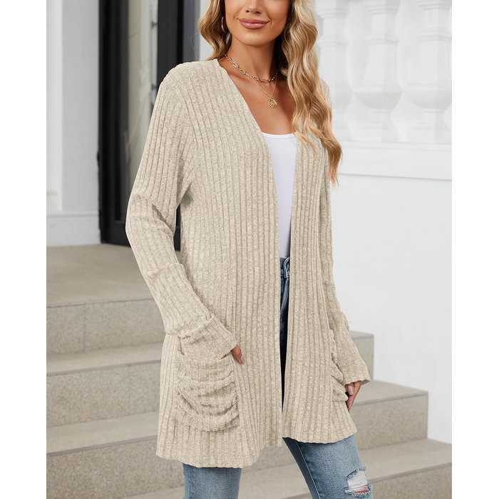 Кардиган жіночий Strickjacke Eegant бежевого кольору, розмір XXL. Теплий в'язаний кардиган з кишенями, еластичний трикотаж.