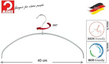 MAWA Clothes Hanger Light, Set of 20 space-saving and non-slip hangers, ideal for T-shirts, tops and light sweaters, with a 360° rotating hook and non-slip coating, 40 cm, Silver