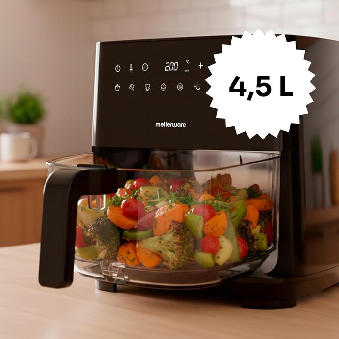 Фритюрниця без олії MELLERWARE 1450W з скляним контейнером 4.5L, 9 програм, сенсорний дисплей, 80–200°C, таймер 60 хв, для миття в посудомийній машині