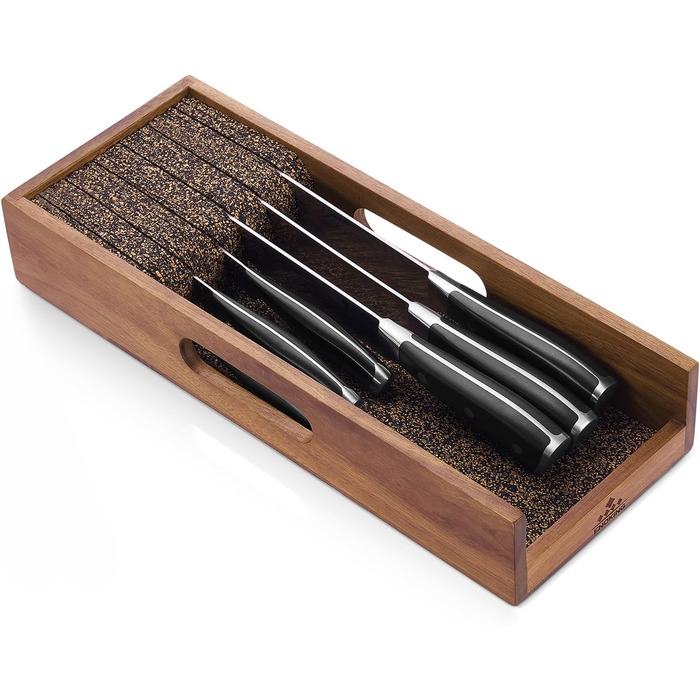 Knife Block Drawer, Knife Holder Drawer with Cork Dividers, Acacia Wood Kitchen Knife Organizer Drawer, Knife Drawer Insert for Drawers or Countertop