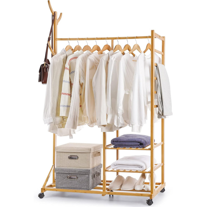 Yorbay Bamboo Clothes Rack with Wheels, with Clothes Rail, 3 Shelves and 6 Hooks, Tree Shape, 100 x 38 x 176 cm (Natural)