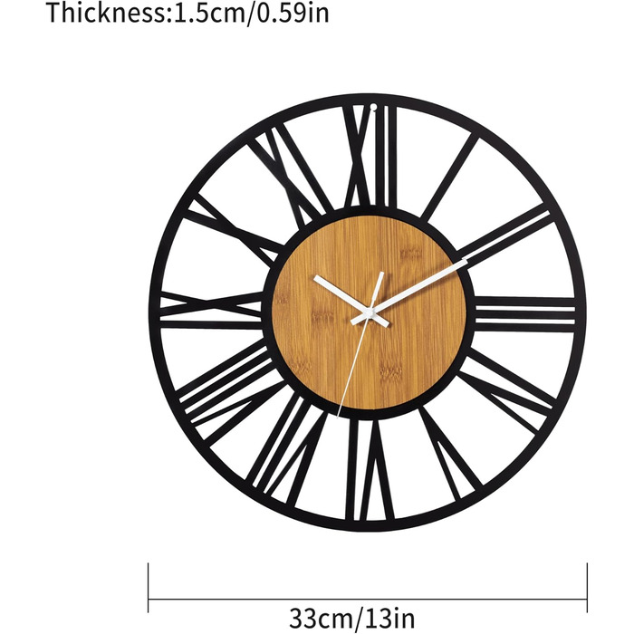 HAITANG Round Wall Clock, Black, 34 cm, for Living Room, Decoration, Vintage Style, Roman Numerals, Silent, Non-Ticking, Wall Clocks for Home, Garden, Office, Cafe Decoration