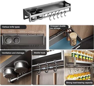 Настінна полиця для спецій, кухонна полиця без свердління, сіра, 50х13.4х12 см, з гачками та підставками для кухонного приладдя