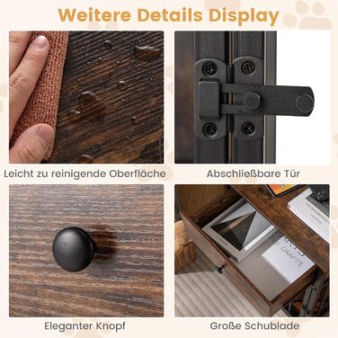 Клітка для собак COSTWAY, вольєр для собак з зарядною станцією, дверцятами, ящиком та металевими трубами, собача будка, приліжкова тумбочка, для маленьких та середніх собак, вінтажний коричневий, 50 x 60 x 64 см