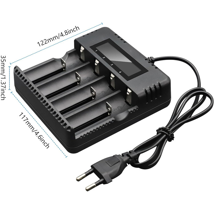 Зарядний пристрій для акумуляторів Li-Ion з LCD-дисплеєм: швидка зарядка 4 слоти, сумісний з 26650/18650/14500/16340
