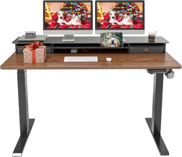FEZIBO Electric Standing Desk with 2 Drawers - 140x60cm Adjustable Height Desk with Memory Control, Anti-Collision System, Light Brown Home Office Desk