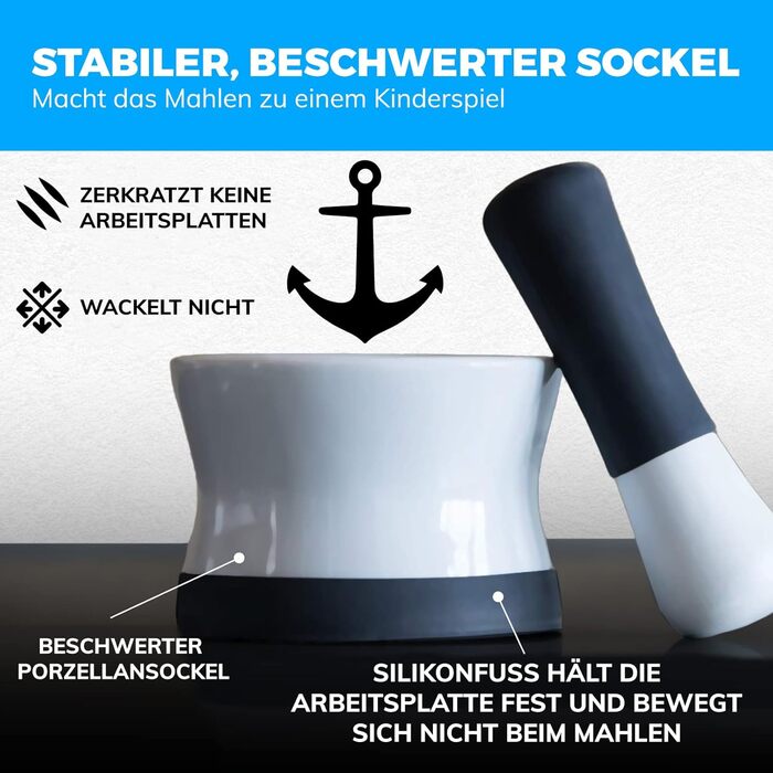 Набір для розмелювання EZ-Grip: ступка та пестик із силікону та порцеляни з неслизькою знімною основою. Новий дизайн, придатний для миття в посудомийній машині. Чорний, 15,25 см