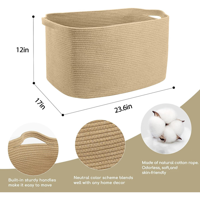 MEGASKET Великий прямокутний кошик з джутового канату 59,9×43,2×30,5 см для зберігання пледів у вітальні, рушників, дитячих іграшок та білизни