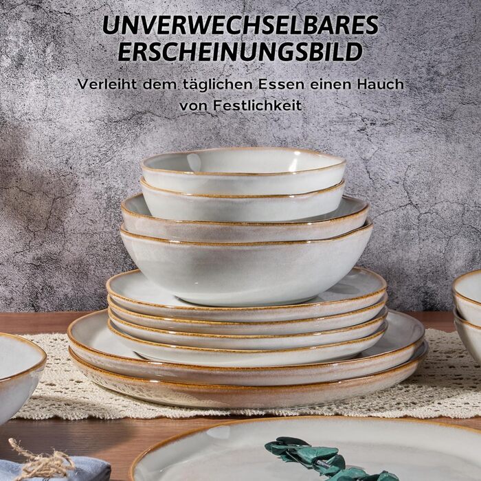 Сервіз Joyfair на 6 осіб, 24 предмети, кераміка, тарілки для їжі, десертні тарілки, миски для каші, сумісний з мікрохвильовою піччю та посудомийною машиною, колір: реактивне мушлеве біле