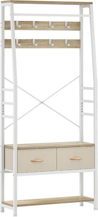 YITAHOME Entryway Bench with Shoe Cabinet, Freestanding Coat Rack with Bench and 2 Folding Drawers, Industrial Coat Rack with 8 Hooks for Entryway, Living Room, Bedroom, Metal Frame, Rustic Brown (Beige)