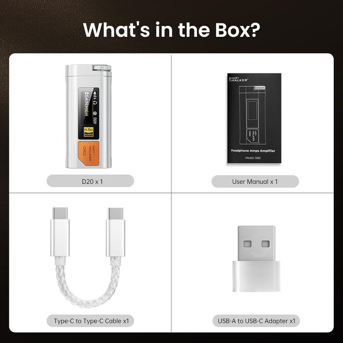 HIFI WALKER D20 DAC512: Портативний підсилювач/ЦАП для навушників – USB ЦАП Hi-Res аудіо з 4.4 мм балансним та 3.5 мм виходом, ES9038Q2M + CT7601PR, підтримка PCM 768 кГц/DSD512, алюміній, OLED дисплей, сріблястий