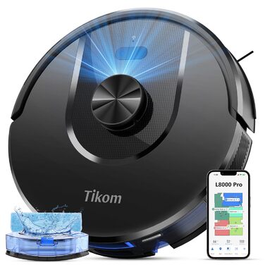 Робот-пилосос з функцією миття підлоги Tikom L8000 Pro, 6000Pa, LiDAR, 150 хв, APP, 14 зон, для шерсті тварин, килимів та твердих підлог, чорний
