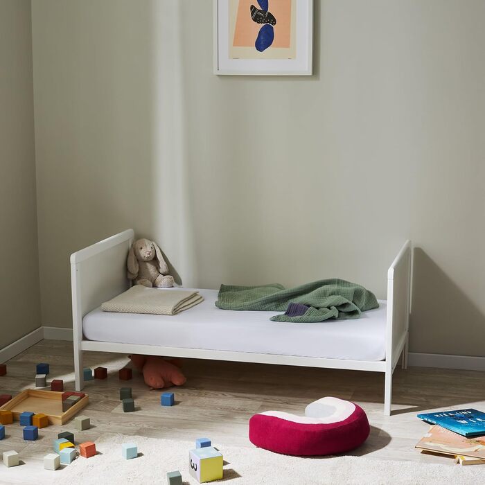 Convertible Baby Bed with Mattress, Toddler Bed, Crib, Bedside Sleeper, 60x120, Fall Protection, Baby, Toddler, Children's Bed, Complete Set, Height Adjustable & Removable Slats, Wood in White, 60 x 120 cm + Mattress White