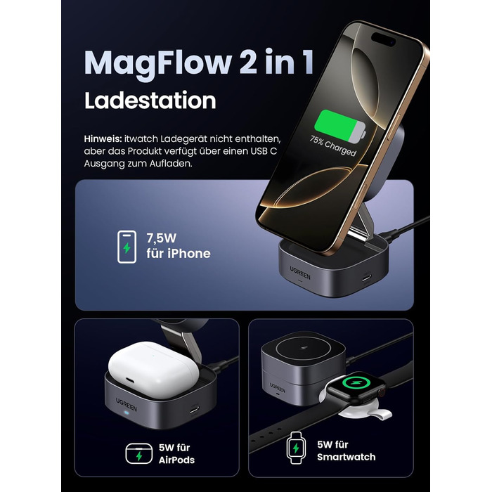 UGREEN MagFlow 2-в-1: Бездротовий зарядний пристрій MagSafe для iPhone 17/17 Air/16 Pro/16/15/14/13/12, AirPods. Складний стенд з кабелем 1м