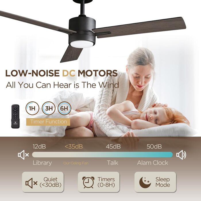 Стеляний вентилятор з підсвіткою та пультом керування: 132 см, сучасний дизайн для спальні. Тиха DC мотор, регульована трикольорова LED-підсвітка, реверсивна функція, для приміщень та вулиці, 220~240V (3 - горіх)