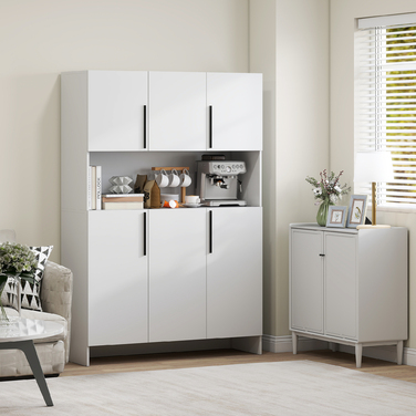 HOMCOM Kitchen Cabinet Buffet Sideboard with Countertop, 6 Doors, 4 Cabinets, Tall Cabinet with Silent Hinges, Microwave Cabinet with Modern Design, White | Aosom