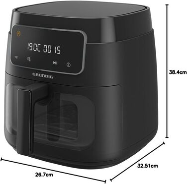 Аерофритюрниця Grundig FRY 7320, 7,6 л, 1750 Вт, сенсорний дисплей, велике оглядове вікно, регулювання температури і часу, антипригарне покриття, кошик для посудомийки, чорна