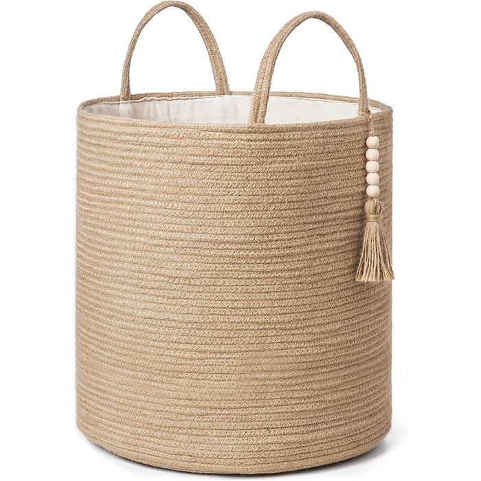 Hand-Woven Storage Basket with Handles, Decorative Cotton Rope Basket, Wood Bead Decoration for Blankets, Toys, Clothes, Living Room, Home Decor, 27.9 cm, White (Brown, 15