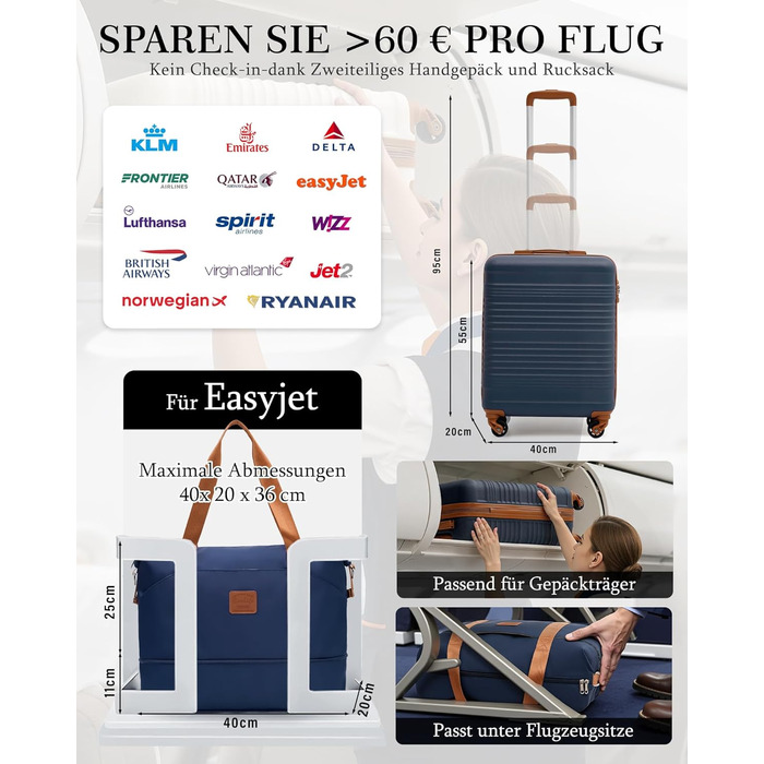 Набір валіз COOLIFE: велика (55x35x20 см) та маленька (40x25x20 см) для ручної поклажі Ryanair & Easyjet, з TSA замком та 4 колесами, ABS, блакитний/коричневий