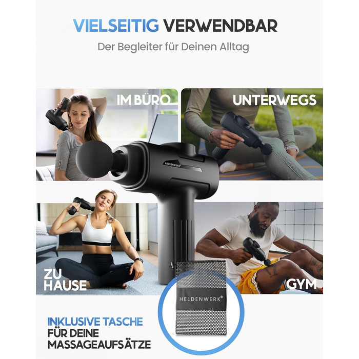 Heldenwerk Massage Gun - Muscle Massager with 6 Attachments & 3200 RPM - USB-C Rechargeable - Black
