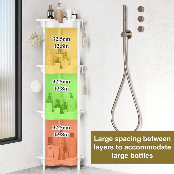 Orimade 4 Piece Shower Shelf Standing Stainless Steel, Shower Storage without Drilling, Corner Shelf with 4 Hooks, Plastic-Metal Construction 25.5 x 25.5 x 103 cm White