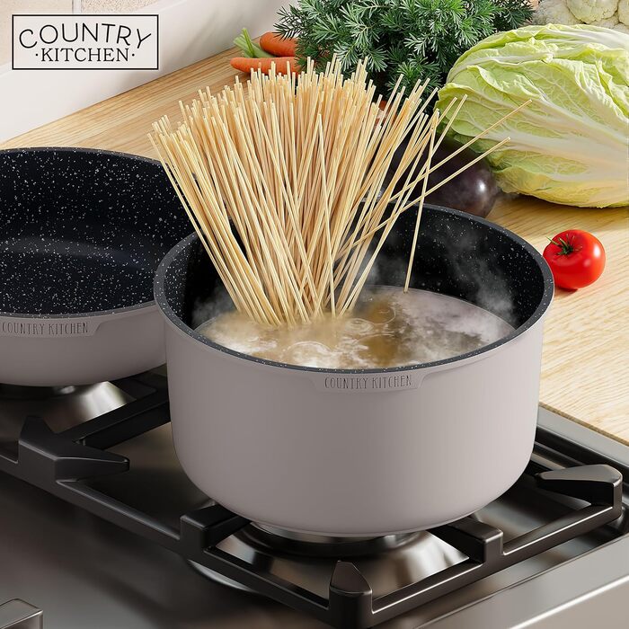 Набір посуду Country Kitchen 13 предметів: каструлі та сковорідки з антипригарним покриттям, знімний ручка, для кухні, кемпінгу, духовки (сірий)