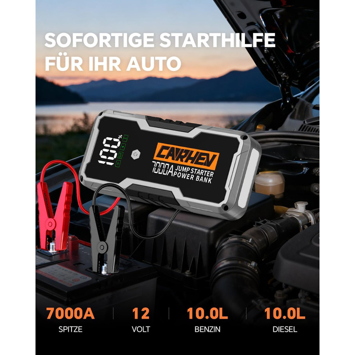 CARHEV 7000A Пусковий пристрій (Powerbank) для автомобіля 12V, для бензину/дизеля, з QC 3.0 USB, LED