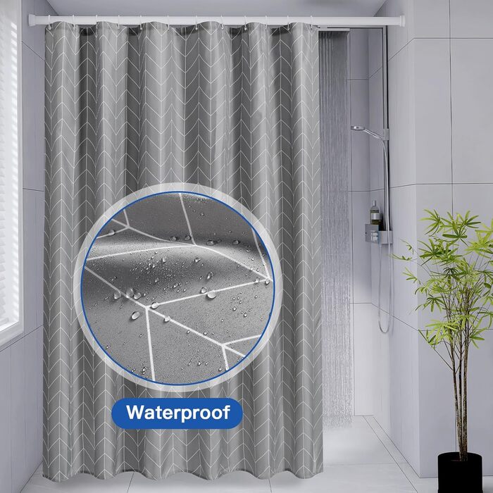Шторка для душу сіра, водовідштовхувальна, миється, 180-300 см (широка), 200 см висота, з принтом крапель, з вагою, антигрибкова, з поліестеру, для ванної кімнати, 1 шт.