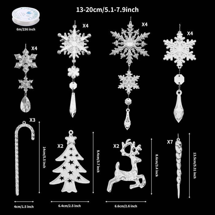 Anstore 30 Pcs Acrylic Ice Stick Snowflake Dangle Charms, Christmas Tree Crystal Decorations, Christmas Tree Ornaments Snowflake Hanging Winter Decorations for Party Wedding Christmas Decorations Transparent