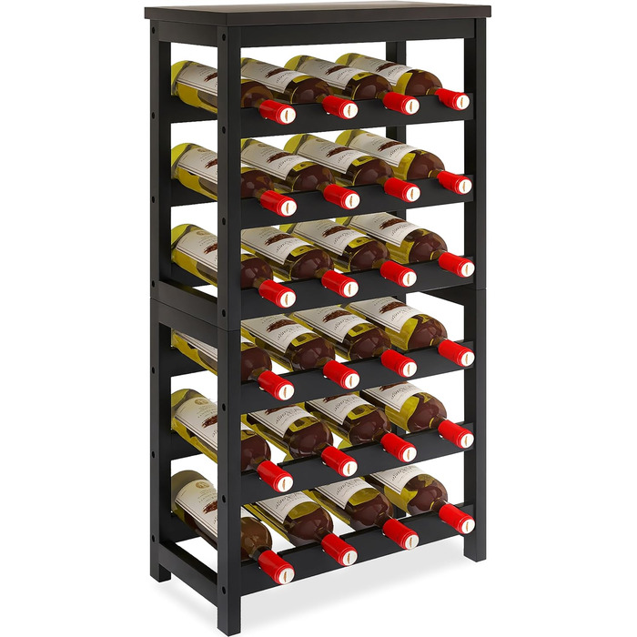 24-Bottle Wine Rack Freestanding Floor, 6-Tier Wine Display Storage Shelves with Tabletop, Bamboo Wine Bottle Holder Stand with Wave Bars for Kitchen, Dining Room, Pantry, Black