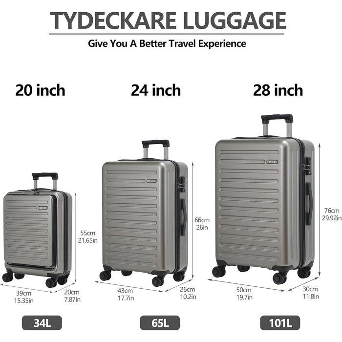 Набір валіз TydeCkare 20/28' (55/66/76 см): 20' ручна валіза з кишенею для ноутбука, 28' велика валіза 101л, ABS+PC, з TSA замком, помаранчевий (темно-сірий), 3 шт.