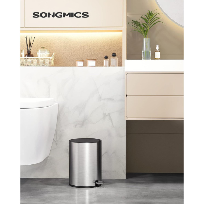 Смітник для ванної кімнати SONGMICS PARRI LTB11WT, сталевий з системою Soft-Close та виймаючою ємністю, 3 л, білий