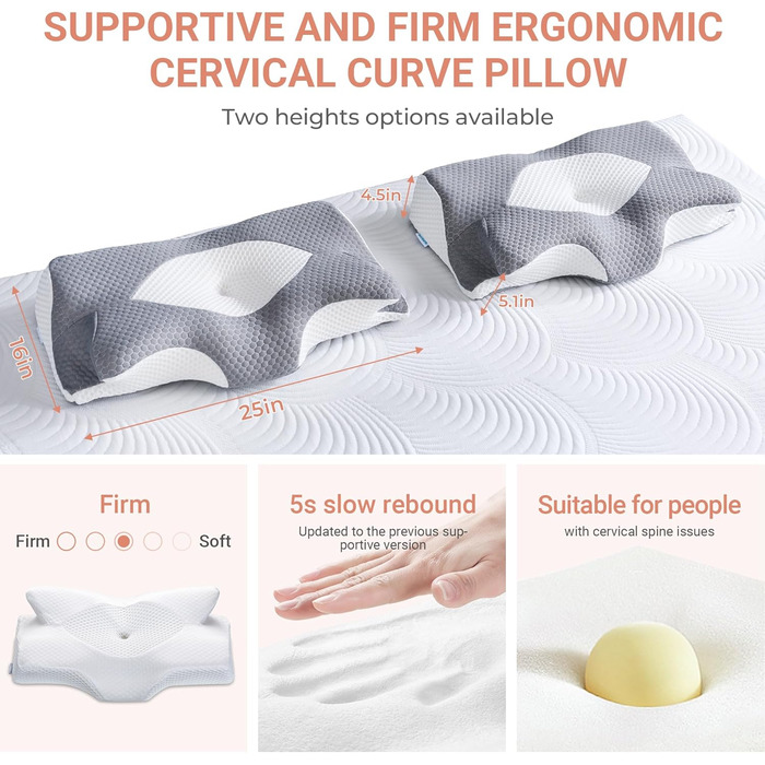 Ортопедична подушка Elviros Memory Foam, ергономічна подушка для шиї, 64x(11,5/13)x40 см (сіра)