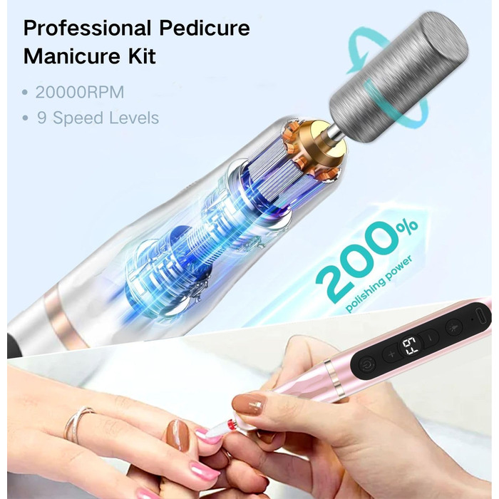 Портативний фрезер для нігтів бездротовий 12 в 1 Професійний електричний набір для манікюру та педикюру USB, перезаряджається, 9 режимів, 20000 об/хв (Рожевий)