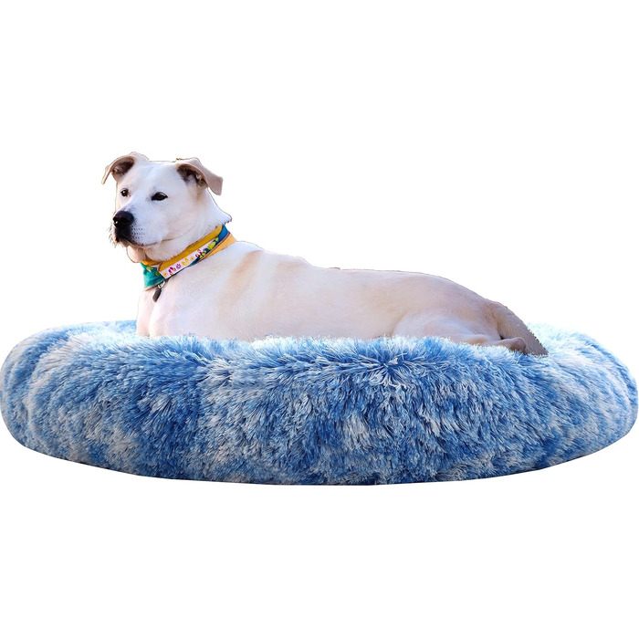 Крісло-гніздо для собак XXXL, кругле, знімний та пральний чохол, антистрес, штучне хутро, м'яке, комфортне, блакитне (115см)