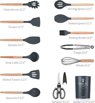 Набір кухонних аксесуарів KagoLing: 13 предметів з силікону з дерев'яними ручками (сірий)