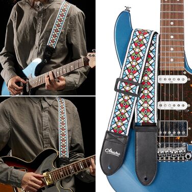 Гітарний ремінь Amumu з бавовни з вишивкою троянд та шкіряними кінцями для бас-, електро- та акустичної гітари, з фіксатором для голівки та блоками для ременя (Білий)