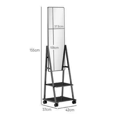 HOMCOM Full Length Mirror, 42 x 155 cm Standing Mirror with Shelf, Standing Mirror with Wheels, Floor Mirror for Bedroom, Living Room, Black | Aosom