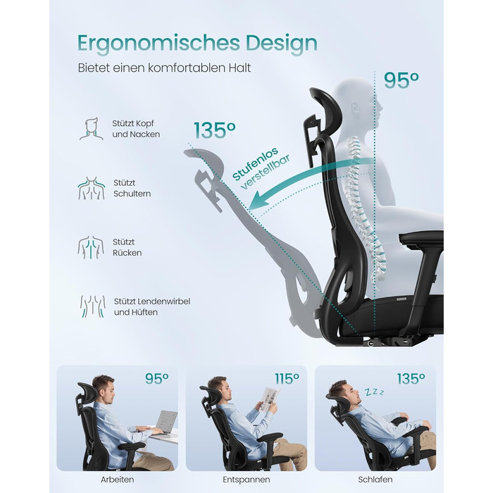 Офісний стілець SONGMICS ергономічний, комп'ютерний стілець, регульована поперекова та підголовна підтримка, до 150 кг, регульована висота, чорний OBN066BH01