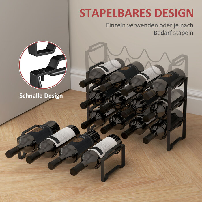 HOMCOM Wine Rack Bottle Rack for 16 Wine Bottles, Metal Bottle Holder Storage Shelf, Wine Bottle Rack for Kitchen, Dining Room Black | Aosom