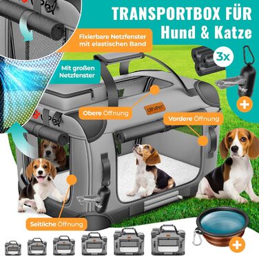 Транспортна переноска для собак та котів M 60x42x44 см | Складана переноска для тварин з мискою та плечовим ременем | Для котів та собак, сірий колір