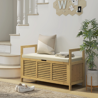 HOMCOM Shoe Cabinet with Folding Lid and Shoe Shelf, Bamboo Entryway Bench, Natural Storage for Entryway and Hallway, 100 x 40 x 60 cm