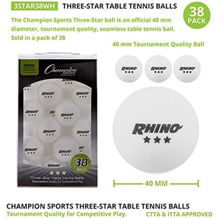 Champion Sports Тенісні м'ячі для настільного тенісу, 3 зірки (білі, 38 шт)