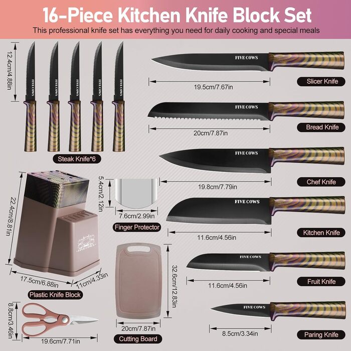 Набір кухонних ножів Messerblock 16 предметів з дерев'яною підставкою, дощечкою, захистом пальців, точилкою та кухонними ножицями. Професійний набір ножів для дому (зелений/рожевий)