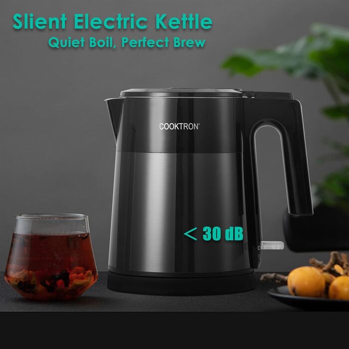 Електричний чайник Cooktron з нержавіючої сталі, 1.7л, тихий (<30дБ), без BPA, Cool Touch, подвійні стінки, швидкий нагрів