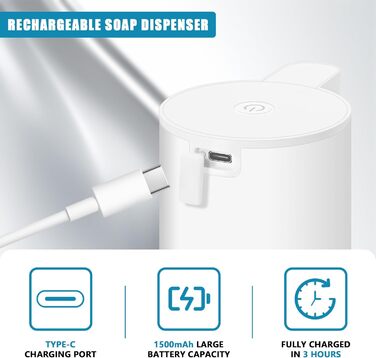 Mamiddle Automatic Soap Dispenser Stainless Steel with Sensor Infrared Foam Soap Dispenser Electric IPX5 Waterproof USB-C Charging with Infrared Motion Sensor for Kitchen & Bath (White)